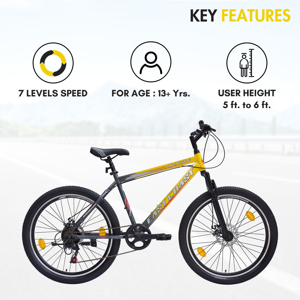 INVINCIBLE PRO 7 SPEED 26T Mountain Bike/Cycle - Yellow Color