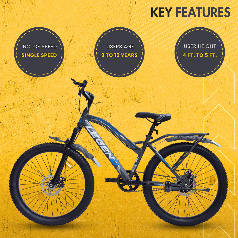 LEGEND 24T Single-Speed Mountain Bicycle for Kids of 9 to 15 yrs Age – Grey Color