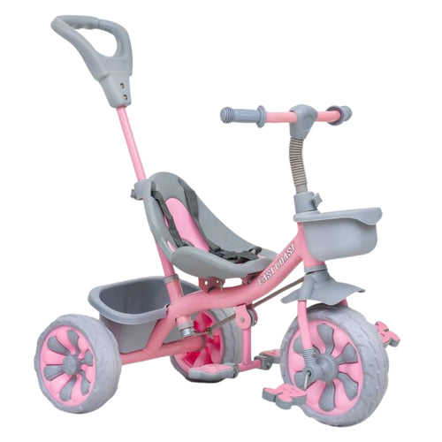 Junior Tricycle For Kids With Parental Control, Storage Basket, Cushion Seat, Seat Belt - Pink Color