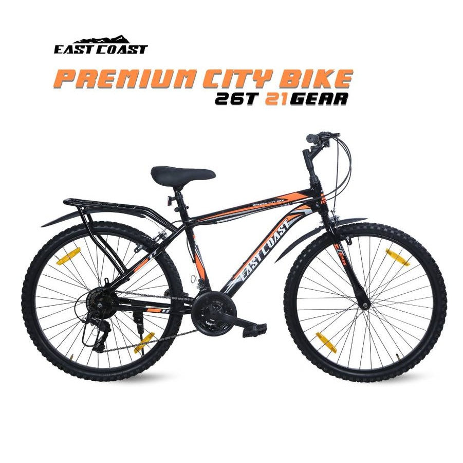 Premium City 21 Speed | 26T Mountain Bike/Cycle with Inbuilt Carrier - Black/Orange Color