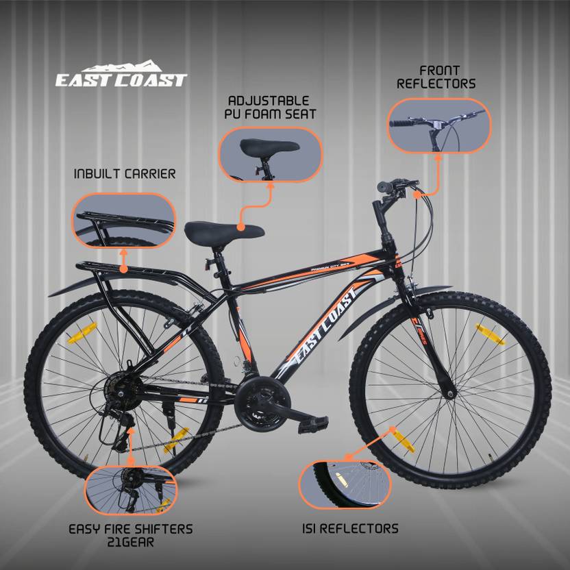 Premium City 21 Speed | 26T Mountain Bike/Cycle with Inbuilt Carrier - Black/Orange Color